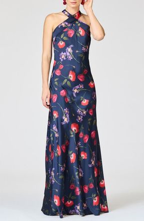 Sachin & Babi Laurant Floral Sleeveless Satin Crepe Gown in Midnight Jardin at Nordstrom, Size 14