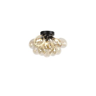 QAZQA Qazqa - Dise&ntilde;o Plaf&oacute;n Inteligente Negro Con Cristal &Aacute;mbar 3-luces Incl. 3 Wifi G9 - Uvas Vidrio /acero Redonda /esfera Adecuado Para Led Max. 3 X 2.5 