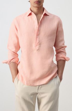 Mango Long Sleeve Linen Polo Shirt in Salmon at Nordstrom, Size Medium