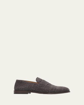 Brunello Cucinelli Mens Woven Suede Penny Loafers