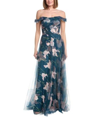 Rene Ruiz Off-The-Shoulder Tulle Floral Gown