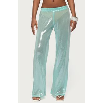 Edikted Avalee Sequin Low Rise Wide Leg Pants in Aqua at Nordstrom, Size X-Small