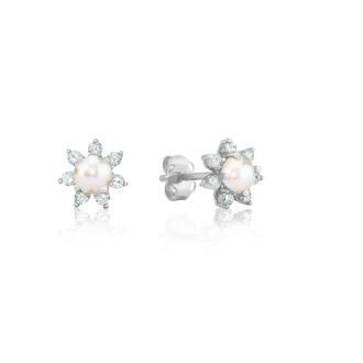 MAX + STONE 14k Yellow or White Gold Gemstone and 4mm Diamond Flower Halo Stud Earrings