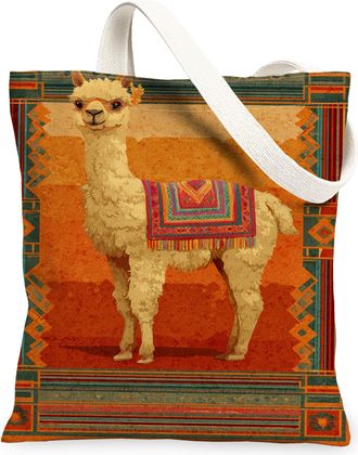 Generic Bohemian Llama Canvas Tote Bags, Vintage Animal Pattern Reusable Grocery Bags, Lightweight Washable Shoulder Strap Canvas F, Beige, 13x15 Inch
