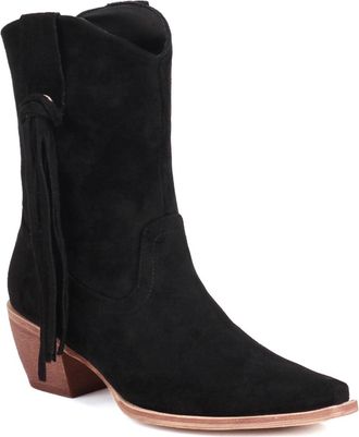 Generic Womens Pointed Toe Short Boots with Tassel Chunky Block Heel Western Boots Pull on Faux Suede Booties,Black,6.5 UK