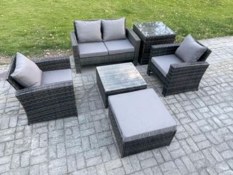 Fimous 6 PCS Outdoor Lounge Sofa Set Wicker PE Rattan Garden Furniture Set with Armchair Squar Coffee Table in Dark Grey