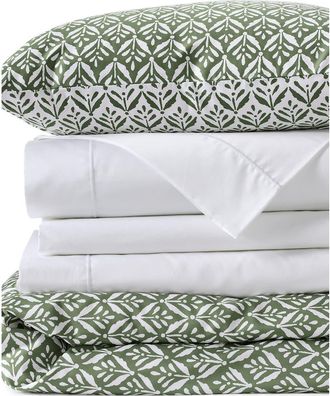 Lands End 400 Thread Count Premium Supima Cotton No Iron Sateen Duvet Bed Cover in Stone Green Wood Block Floral at Nordstrom, Size King