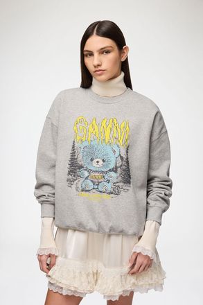 Ganni Grey Sweatshirt with Forest Teddy - Size XXS Organic Cotton