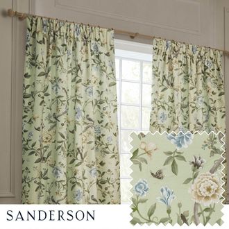 Sanderson Porcelain Garden Printed Chenille Room Darkening Pencil Pleat Curtains in Light Green | Size: 229 cm width x 229 cm drop