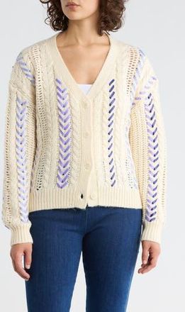 Cinq à Sept Nyla Marled Ribbon Accent Cardigan in Ivory/Blue at Nordstrom Rack, Size X-Small