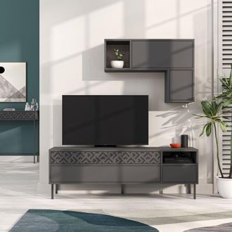 Decortie Decortie - Heaton Modern Tv Unit With Storage And Wall Shelf 144.6cm - Anthracite Grey - Anthracite Grey