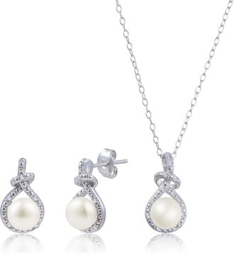 MAX + STONE 925 Sterling Silver Diamonds Freshwater Pearl Earrings & Pendant Necklace Set