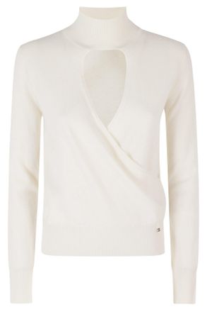 Herno White High Neck Cut-Out Crossover Wool Sweater