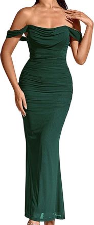 Generic Dresses Womens 2025 Summer Off The Shoulder Dress Ruched Bodycon Sleeveless Split Cocktail Party Maxi Dresses (Green, XL)