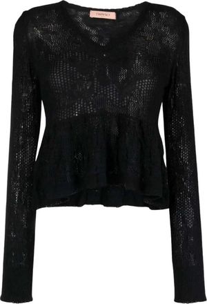 Twinset Zwart Opengebreid Ruffle Truitje - Dames - Longsleeves - Zwart - M - Wol - Tops