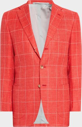 Kiton Mens Cashmere-Blend Windowpane Sport Coat
