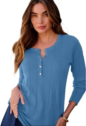 Roaman's Plus Size Drop Needle Henley Lightweight Sweater Knit in Dusty Indigo at Nordstrom, Size Medium