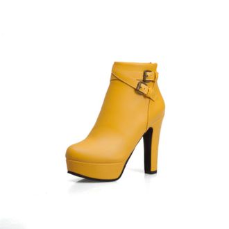 Generic Womens Round Toe Casual Ankle Boots with Buckle Strap & Block Heel, Side Zipper Short Evening Booties,Yellow,6.5 UK