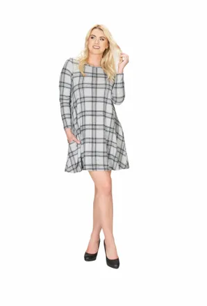 Papillon Plaid A-Line Sweater Dress With Pockets In Grey