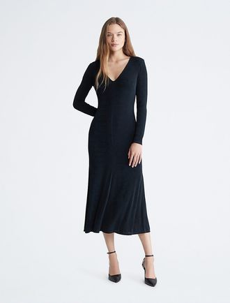 Calvin Klein Womens V-Neck Midi Dress - Black - XL