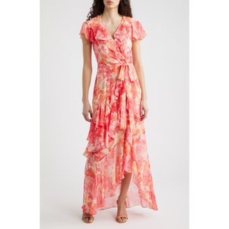 Eliza J Floral Asymmetric Ruffle Maxi Dress in Pink Sorbe at Nordstrom, Size 10