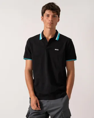 HUGO BOSS Mens Regular Fit Heritage Logo Detail Polo Shirt in Black Cotton - Size Large