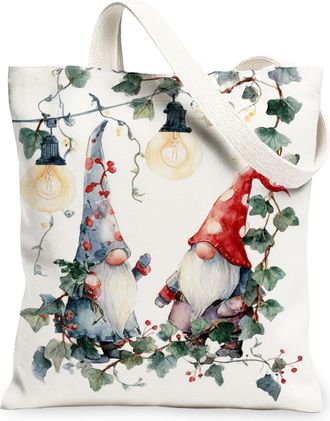 Generic Gnome Canvas Tote Bags, Festive Gnome Pattern Reusable Grocery Bags, Winter Vintage Lightweight Washable Shoulder Strap Can, White, 13x15 Inch