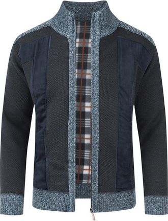 AlltheMen Mens Cardigan Stand up Collar Full Zipper Sweater Patchwork Thick Warm Jumper Knit Lined Sweater Navy 4XL