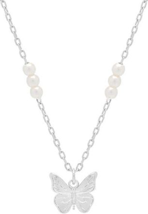 Estella Bartlett Butterfly & Faux Pearl Necklace in Silver at Nordstrom