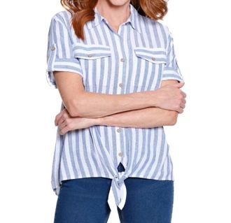 Multiples Drop Shoulder Tie Waist Button Front Shirt In Cadet Blue