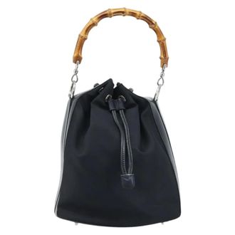 Gucci Vintage Bamboo Bucket Nylon And Leather Black Nylon Handbag (Pre-Owned)