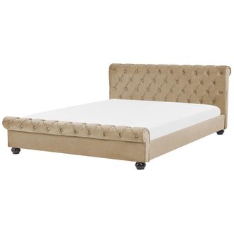 Beliani Cama De Agua De Terciopelo Beige Madera Oscura 160 X 200 Cm Patas Madera Avallon