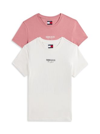 Tommy Jeans Kurzarmshirt TOMMY JEANS TJW 2PACK ESSENTIAL LOGO 2 TEE, Damen, Gr. XS (34), beige (ecru, tahiti berry), Single Jersey, Obermaterial: 100% Baumwolle, 