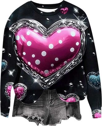 Generic Womens Valentine Day Sweatshirt Novelty Fashion Love Heart Print Long Sleeve Pullover Casual Crewneck Loose Sport Holiday Sweatshirts Hot Pink XL