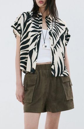 Mango Print Button-Up Roll Cuff Shirt in Ecru at Nordstrom, Size 0