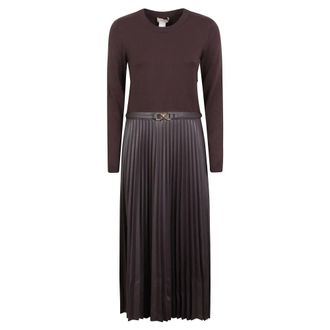 Twinset Vestido largo de punto con falda efecto piel - Dresses - Mujer - Marr&oacute;n - M