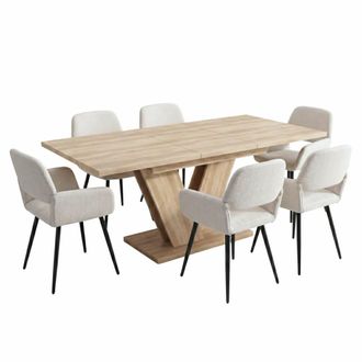 Urban Meuble Mesa extensible madera y 6 sillas crema, dise&ntilde;o contempor&aacute;neo
