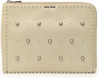 Miu Miu Pre-owned Miu Miu Faux Pearl Studded Leather Clutch Ladies EGGUXXJQEXNBTUE4
