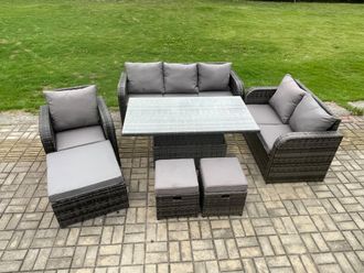 Fimous Rattan Outdoor Furniture Garden Dining Set Patio Height Adjustable Rising lifting Table Reclining Chair Sofa Dark Grey Mixed