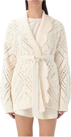 Twinset Gebreid vest met ceintuur en ajourpatroon - Dames - Vesten - Wit - M - Katoen - Truien & Vesten