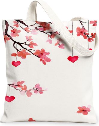 Generic Floral Hearts Canvas Tote Bags, Romantic Blossom Pattern Reusable Shopping Bags, Lightweight Washable Shoulder Strap Canvas, White, 13x15 Inch