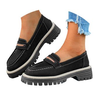 Generic Womens Platform Chunky Loafers Lug Sole Comfortable Slip On Work Business Casual Dress Shoes Women Solid Color Round Toe Lightweight Walking Shoes Non