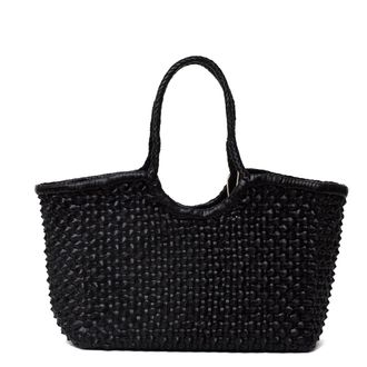 Dragon Diffusion Nantucket Cactus Weave Handwoven Black Buffalo Leather Tote Bag