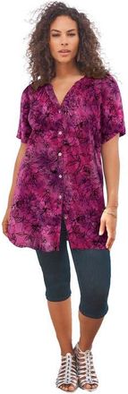 Roaman's Plus Size Angelina Crinkle Crepe Y-Neck Short Sleeve Tunic in Berry Tie Dye Floral at Nordstrom, Size 22