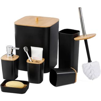 Trade Shop Trade Shop - Conjunto De Ba&ntilde;os Ba&ntilde;o Bambo 6pcs Moderno Banner Black Barbage Sapon Dispensador - Negro