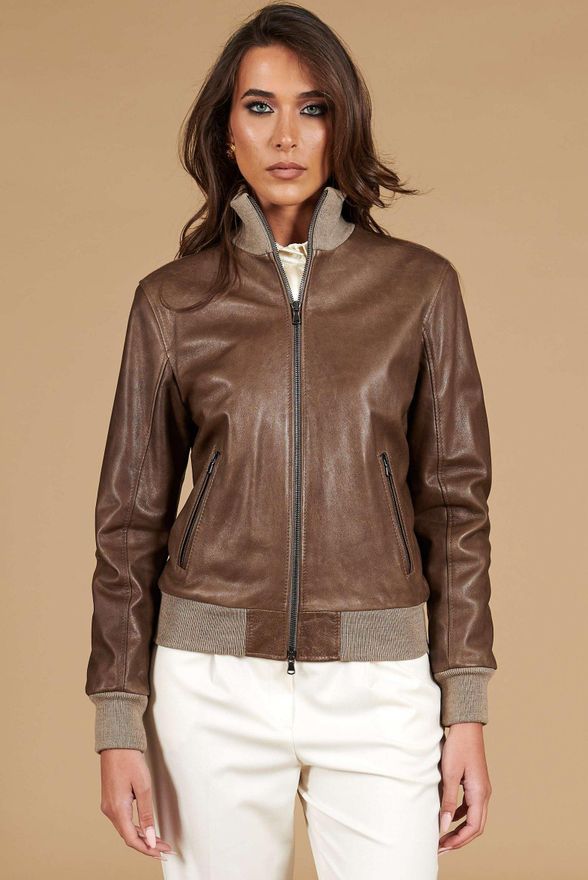 Bomber in pelle color fango effetto vintage DArienzo, Seleziona Taglia S, Colore Fango