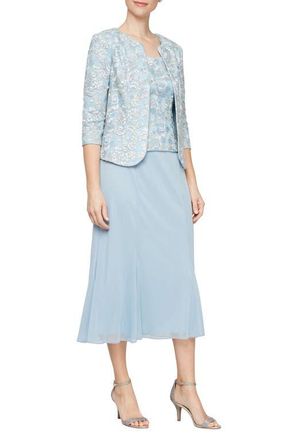 Alex Evenings Lace Bodice Midi Dress with Jacket in Light Blue at Nordstrom, Size 10P
