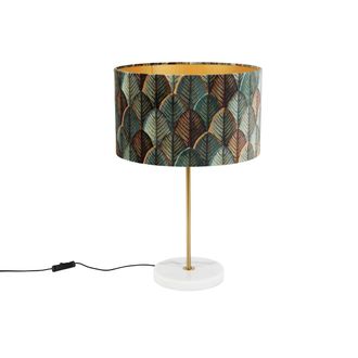 QAZQA Cl&aacute;sico/antiguo L&aacute;mpara De Mesa De Lat&oacute;n Con Pantalla De Terciopelo, Dise&ntilde;o De Hojas E Interior Dorado - Kaso Terciopelo /textil /acero /m&aacute;rmol Redond