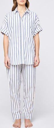 Papinelle Sleepwear Tyler Cotton Poplin Pajamas in White Navy Stripe at Nordstrom, Size X-Small