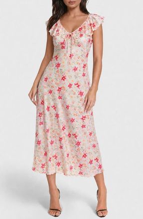 Bebe Ruffle Trim Satin Midi Dress in Pink Floral at Nordstrom Rack, Size X-Large